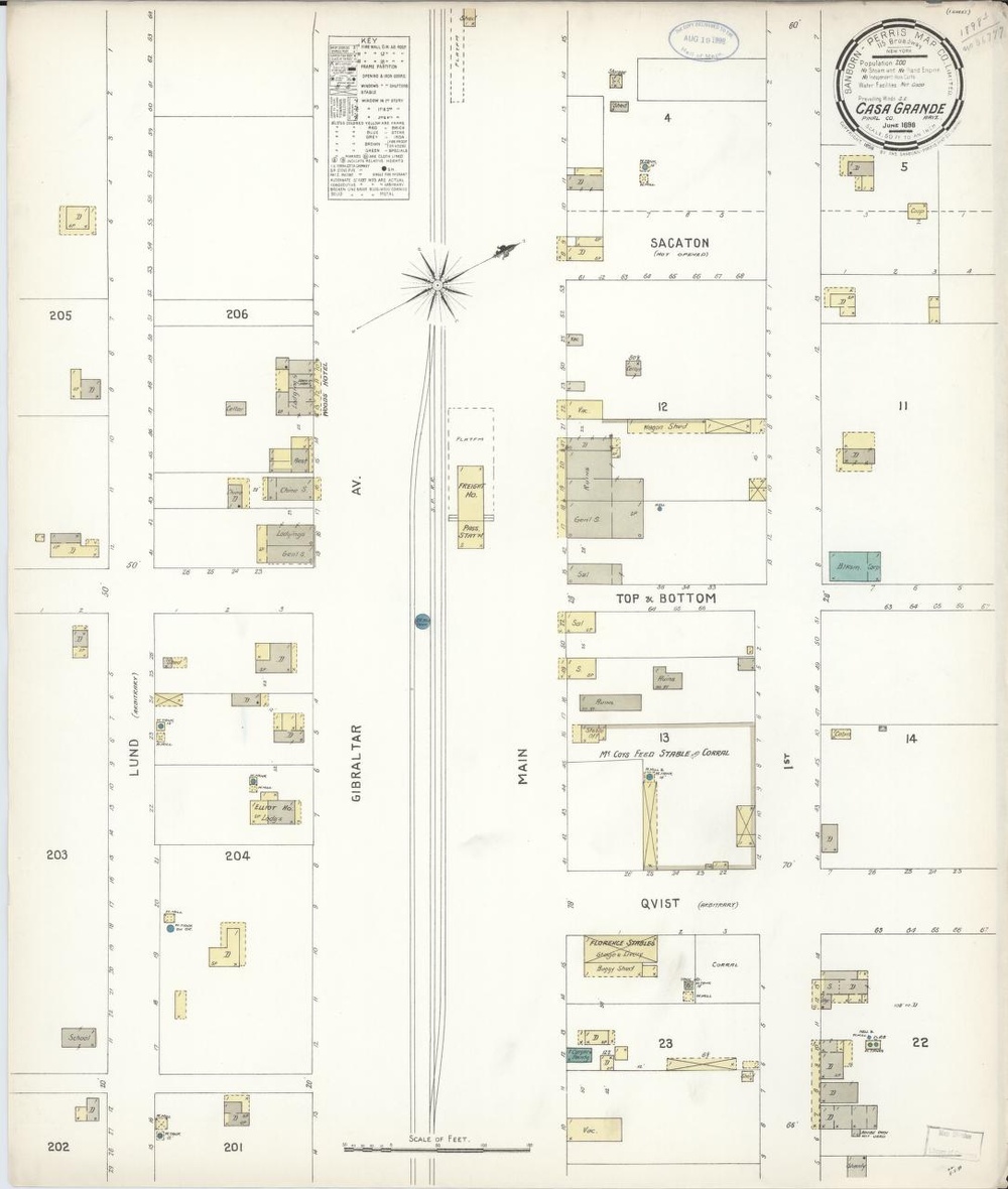 Каса-Гранде, Аризона, июнь 1898 года. Сопоставлять с предыдущим планом следует по улицам и отдельным участкам