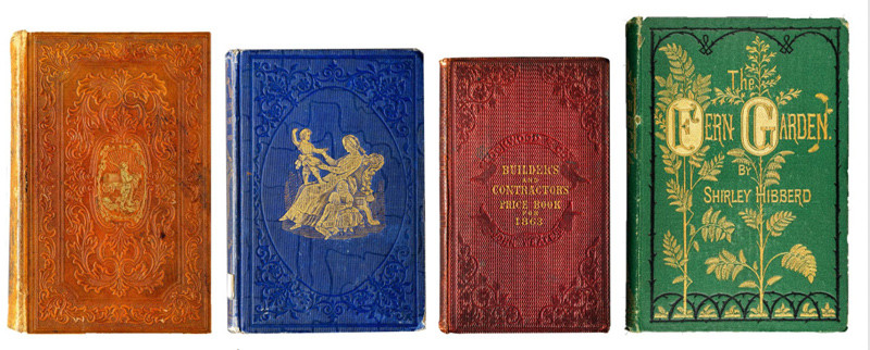 Четыре викторианские книги в оранжевом, синем, красном и зелёном тканевых переплётах с золотым декором