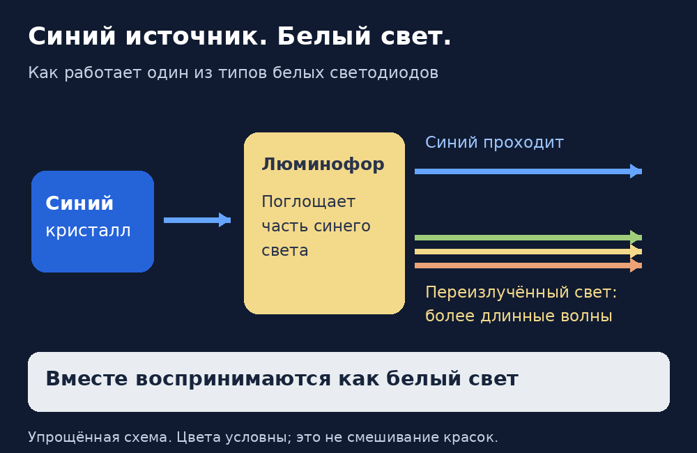 Схема белого светодиода: часть синего света проходит, часть поглощается люминофором и переизлучается на более длинных волнах.