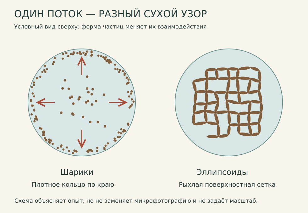 Сферы накапливаются в ободке, эллипсоиды образуют связанную сетку на поверхности капли.