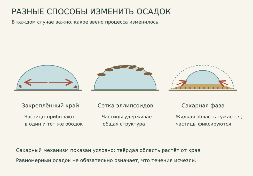 Сравнение закреплённого края, поверхностной сетки и отступающей жидкой границы при затвердевании сахарной фазы.