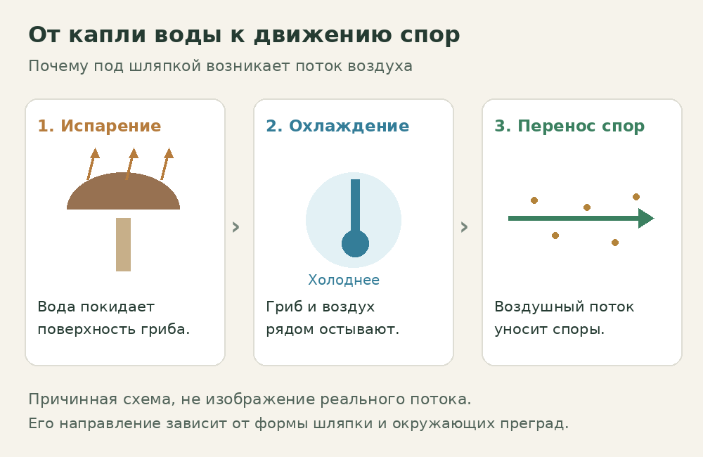 Поясняющая схема: испарение воды охлаждает гриб и воздух, возникающий поток переносит споры.