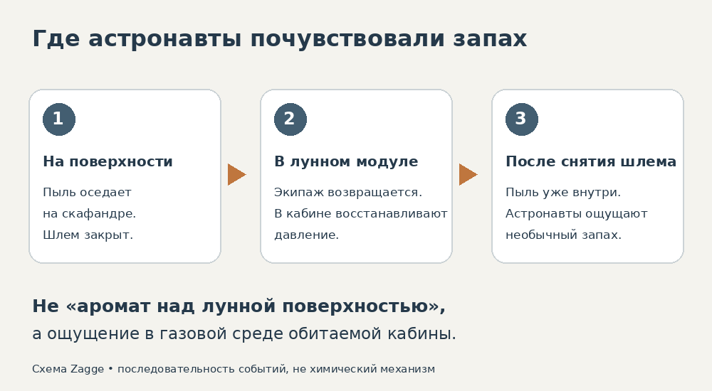 Схема переноса пыли: поверхность Луны, возвращение в модуль, ощущение запаха после снятия шлема