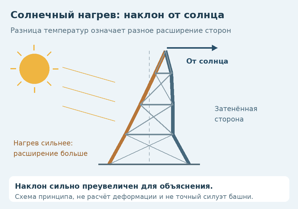 Схема: освещённая сторона башни нагревается и расширяется сильнее, вершина отклоняется от солнца.