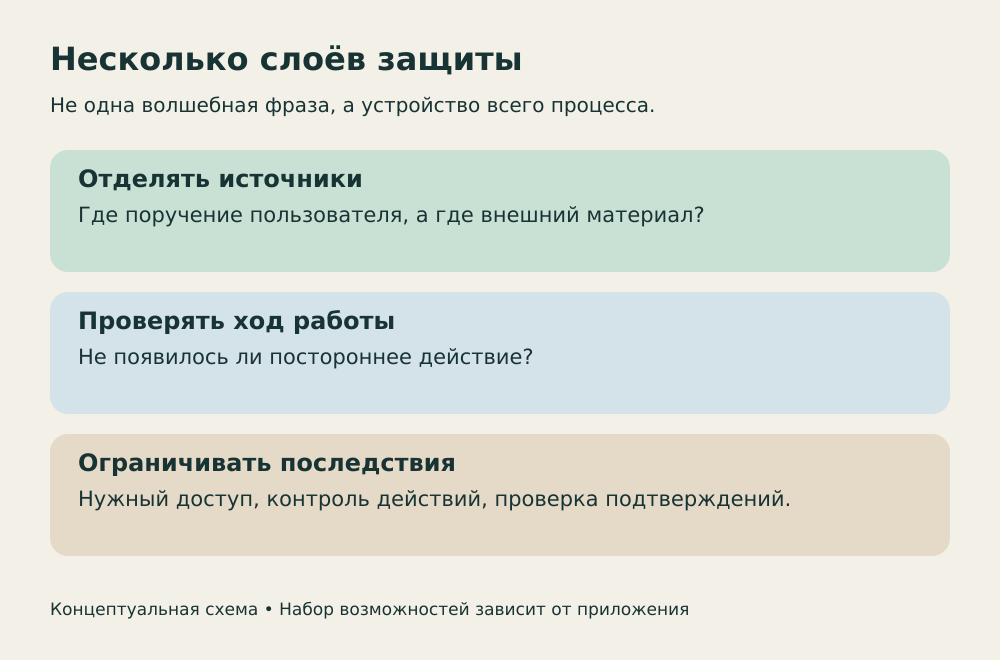 Три слоя защиты: отличать данные от поручений, проверять отклонения, ограничивать доступ и действия.