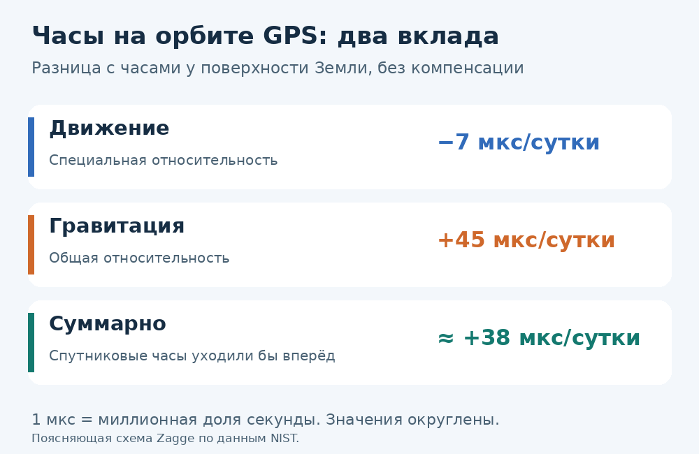Схема: движение даёт примерно минус 7, гравитация плюс 45, суммарно плюс 38 микросекунд за сутки относительно земных часов без компенсации.