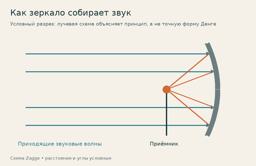 Условный разрез вогнутого акустического отражателя: приходящие волны направляются к приёмнику.
