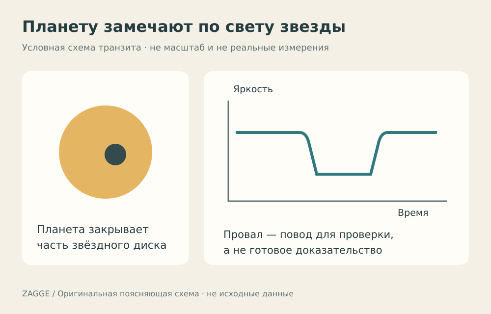 Прохождение планеты перед звездой вызывает небольшой провал на условной кривой яркости