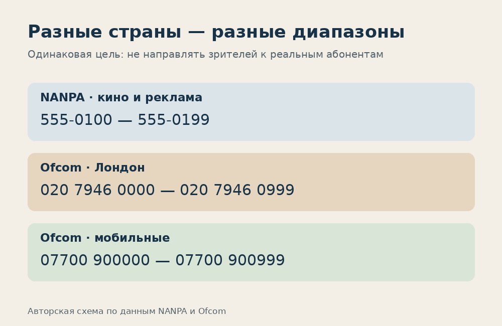 Сравнение диапазонов для вымышленных номеров в Североамериканском плане и Великобритании