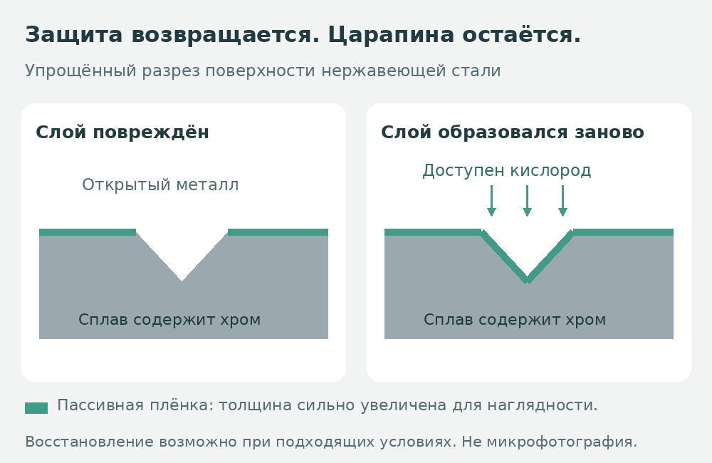 В разрезе показана царапина: сначала защитный слой повреждён, затем вновь покрывает борозду, которая остаётся.
